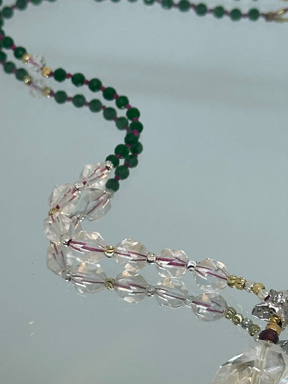 Collier Jade vert, Cristal de roche, Grenat