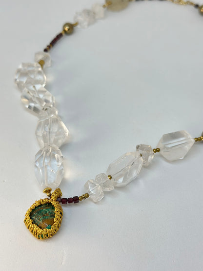 Collier Chrysocolle, Grenat, Cristal de roche, Agathe