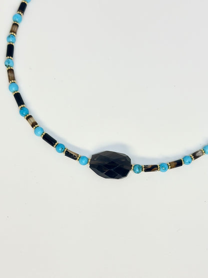 Collier Turquoise, Quartz fumé & Agathe