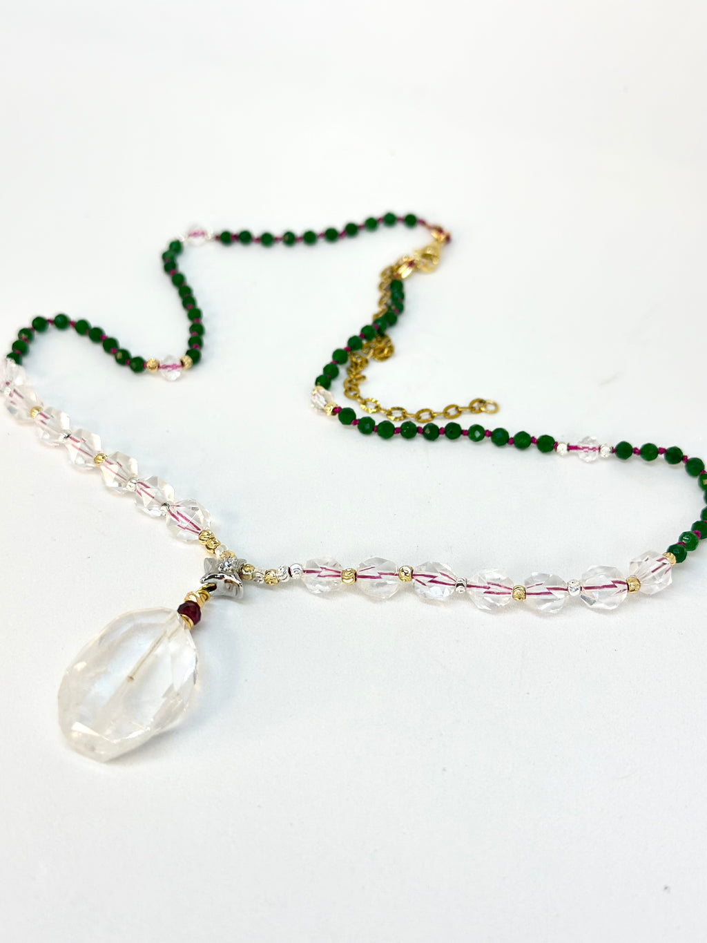 #125 Collana Giada verde, Cristallo di rocca, Granato