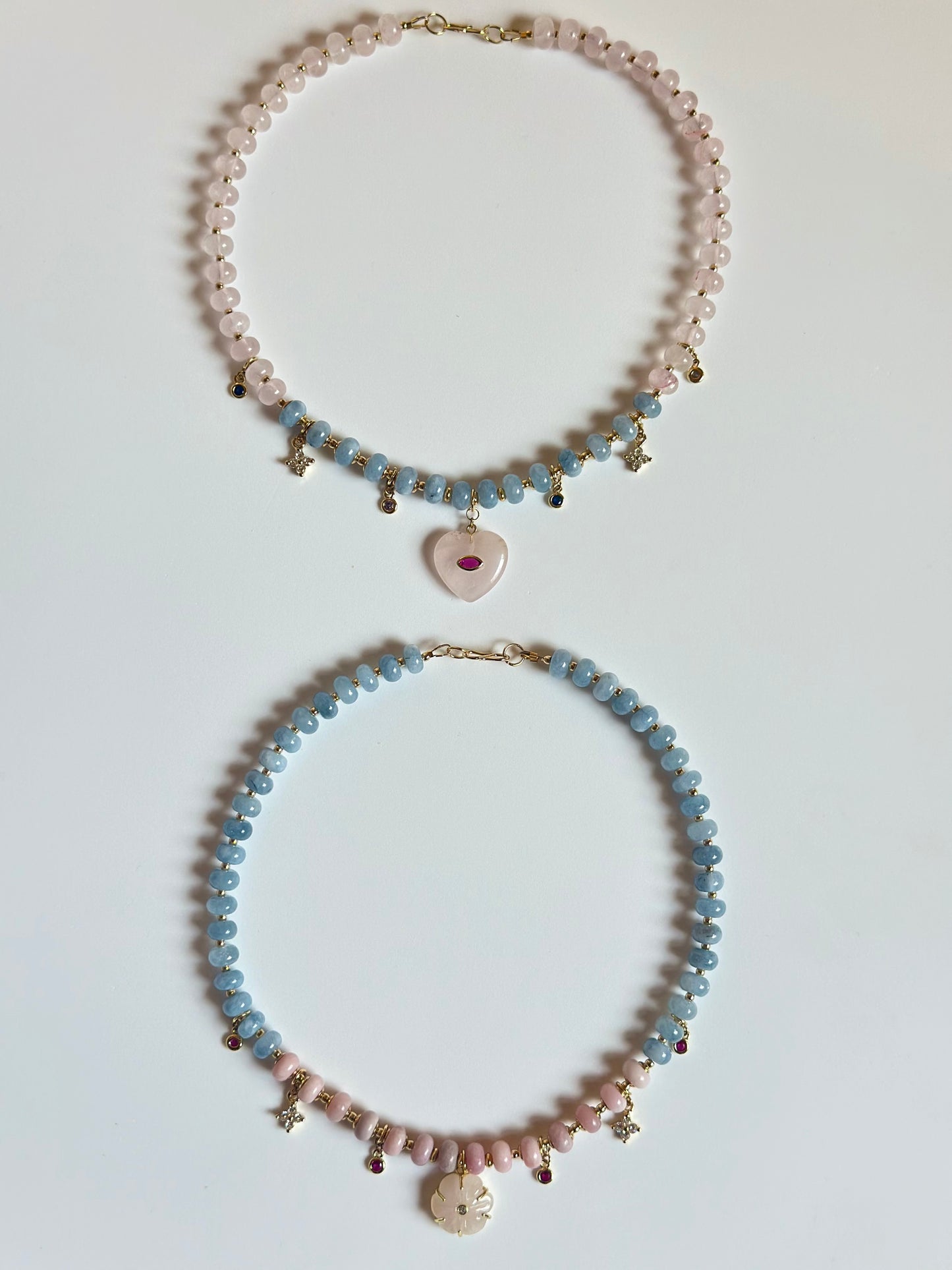 Halsketten Opal, Aquamarin & Rosenquarz + Anhänger