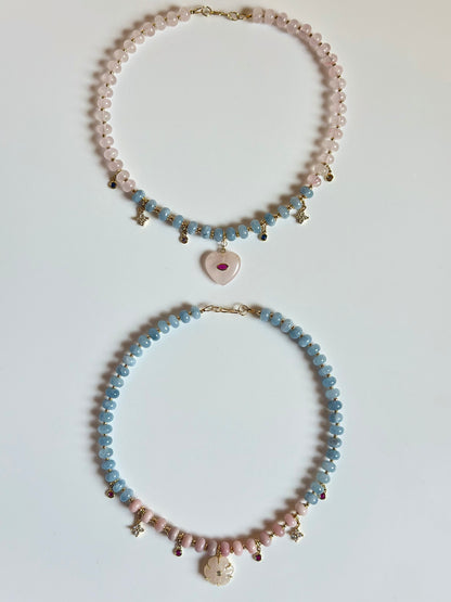 Halsketten Opal, Aquamarin & Rosenquarz + Anhänger