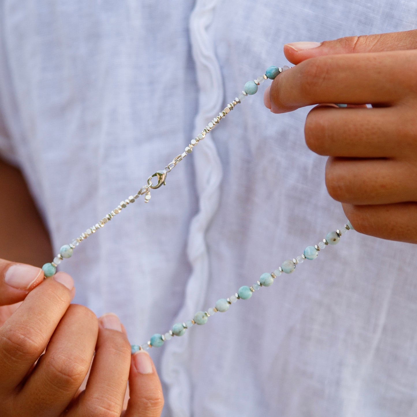 Collier méditation Larimar, Aigue-Marine