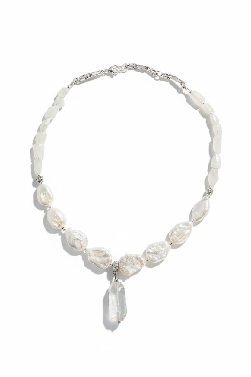 Collier Cristal de roche, Pierre de lune & Perles d’eau douce