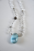 Collier Larimar, Diamants Herkimer & Perle de Tahiti