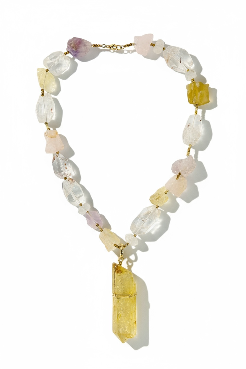 Collier multi Quartz & pendentif Quartz jaune