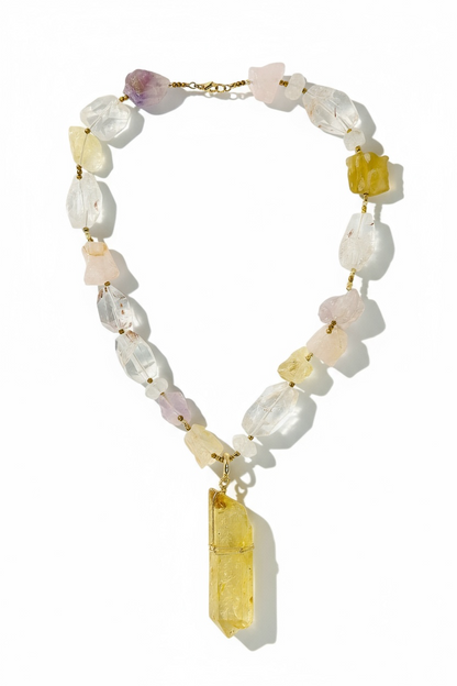 Collier multi Quartz & pendentif Quartz jaune
