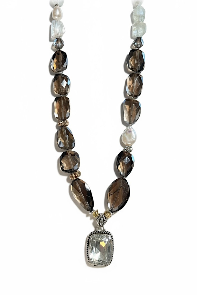 Collier Quartz fumé, Aigue-Marine & Améthyste verte