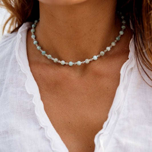 Collier méditation Larimar, Aigue-Marine