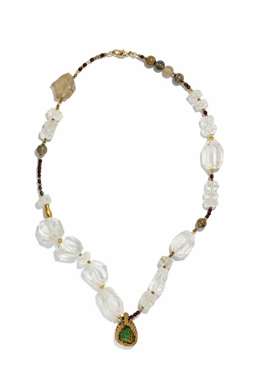 Collier Chrysocolle, Grenat, Cristal de roche, Agathe