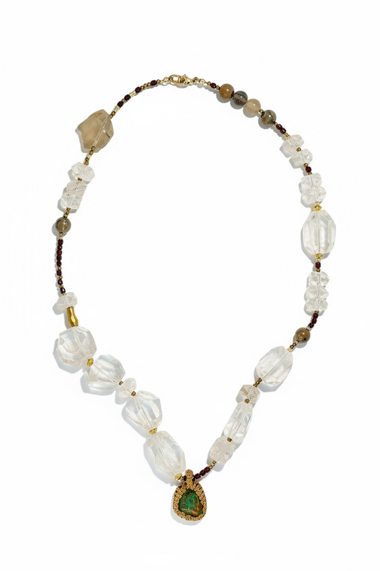 Collier Chrysocolle, Grenat, Cristal de roche, Agathe