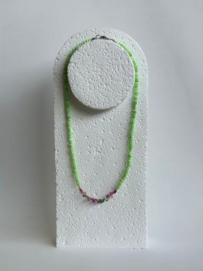 Collier Opale verte du Pérou & Tourmaline melon d’eau — Le cœur en fleur