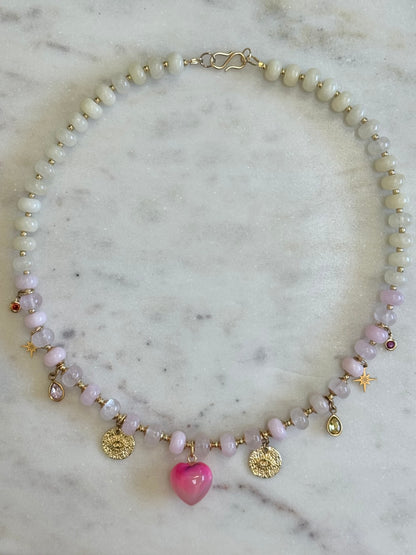 Collier Charms, Quartz rose & Jade — La douceur ancrée