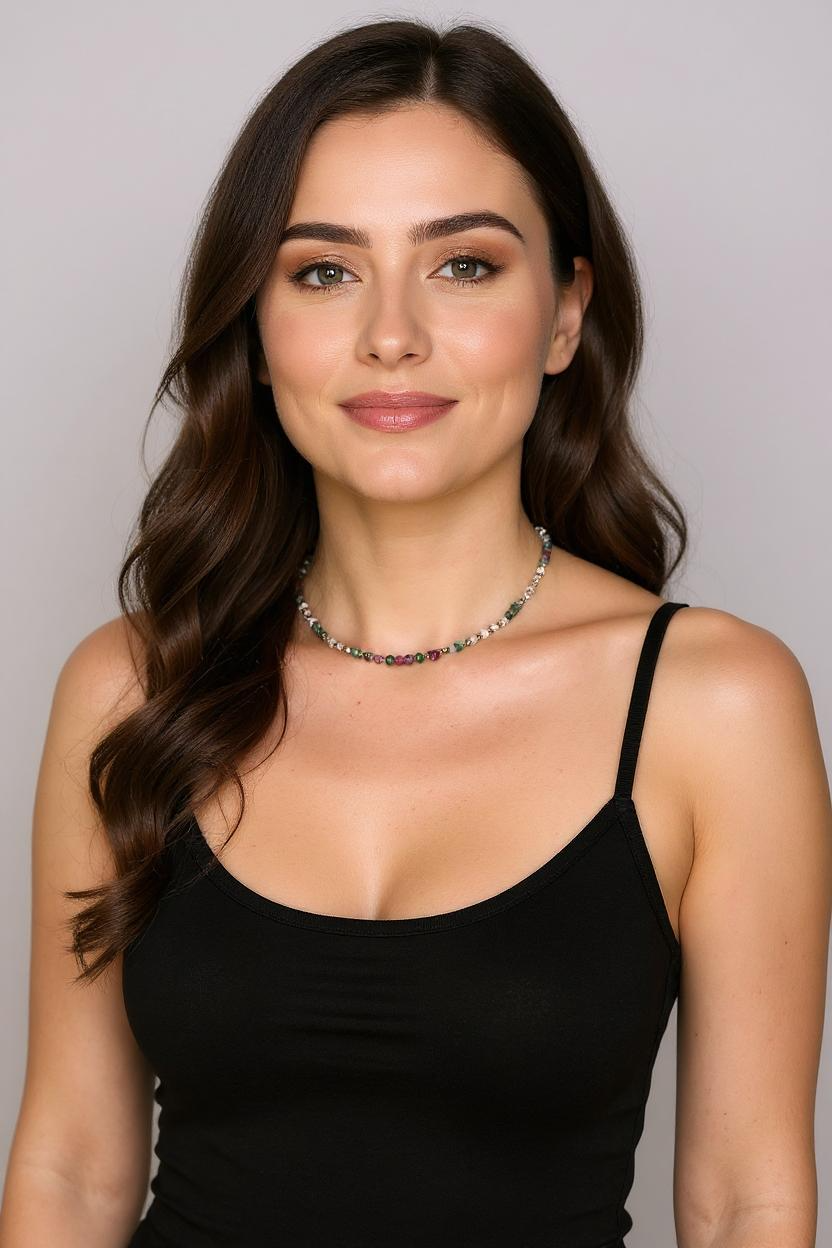 Collier Cristal de Roche, Agate Mousse, Tourmaline rose & Pyrite – Harmonie, enracinement et lumière