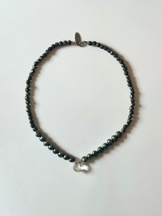 Collier perles d’eau douce, Cristal de roche & Pyrite