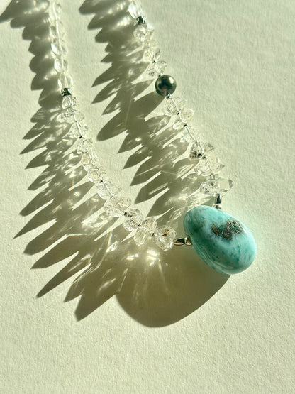 #161 Collier Larimar, Herkimer, Perle de Tahiti & Cristal