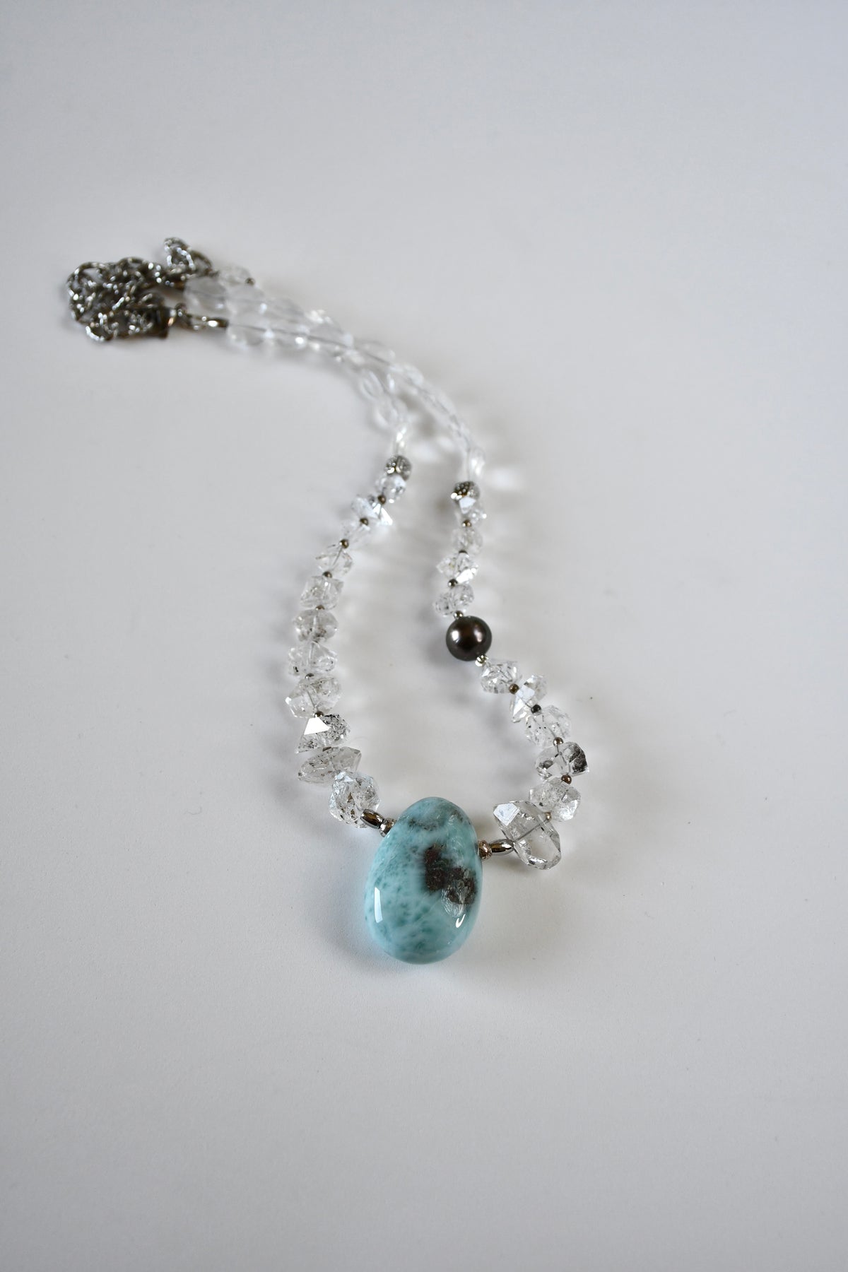 #161 Halskette Larimar, Herkimer, Tahitiperle & Kristall
