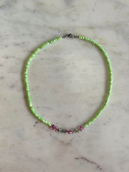Collier Opale verte du Pérou & Tourmaline melon d’eau — Le cœur en fleur