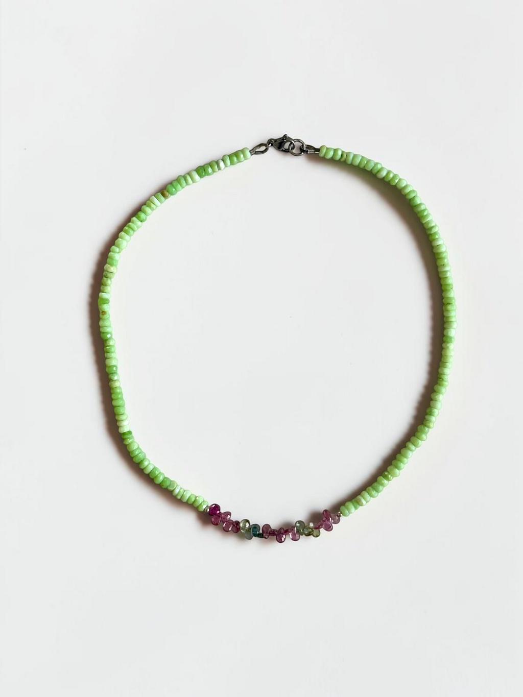 Collana Opale verde del Perù & Tormalina anguria — Il cuore in fiore