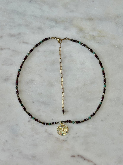 Collier Grenat, Chrysocolle & Pyrite — Le Feu Sacré