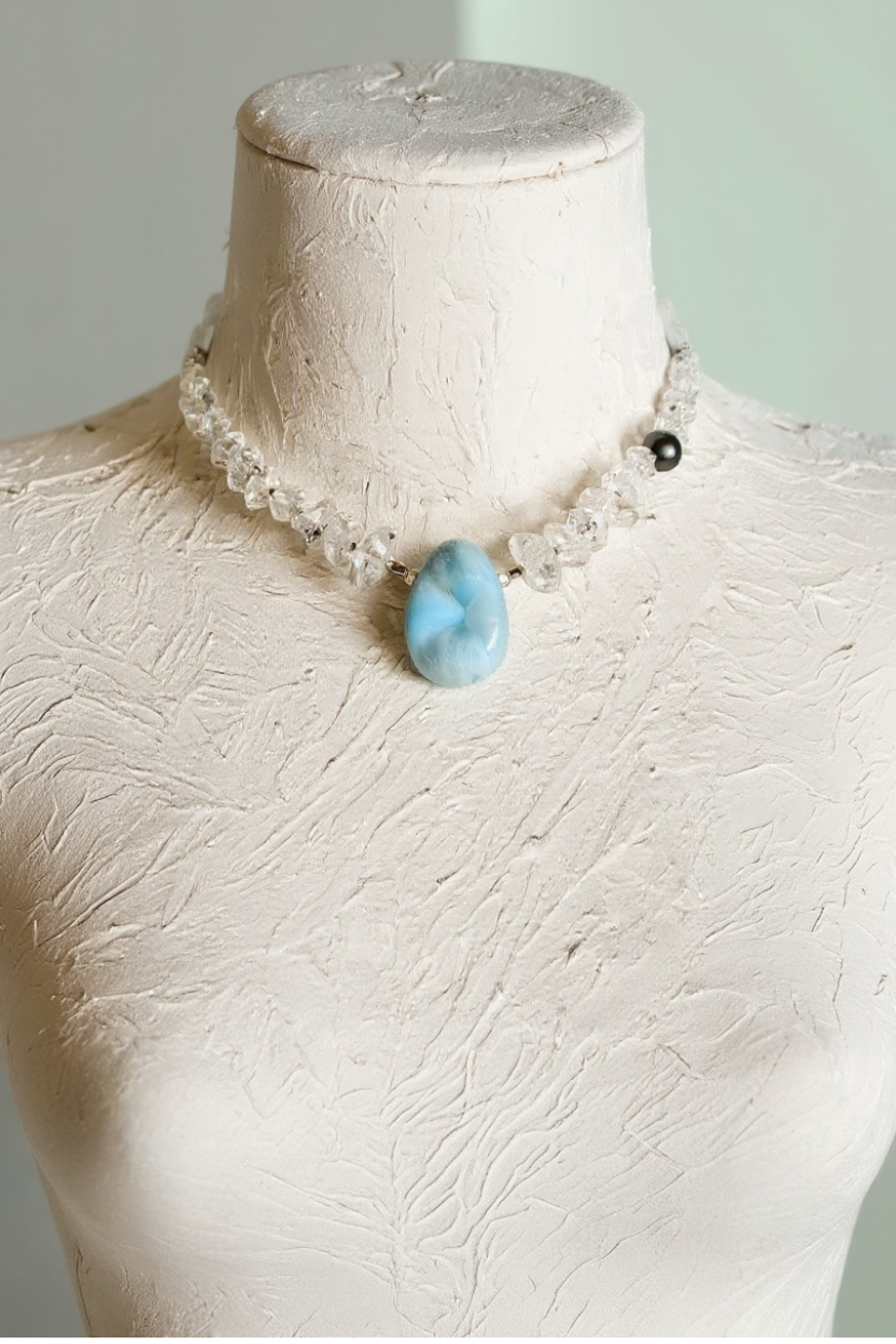 #161 Collier Larimar, Herkimer, Perle de Tahiti & Cristal