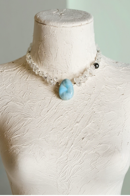 #161 Collier Larimar, Herkimer, Perle de Tahiti & Cristal