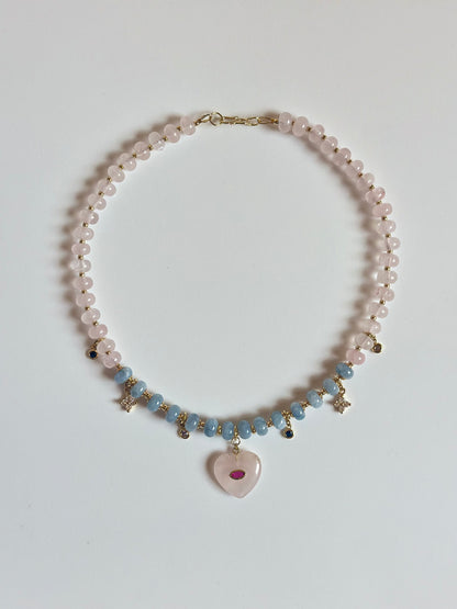 Halsketten Opal, Aquamarin & Rosenquarz + Anhänger