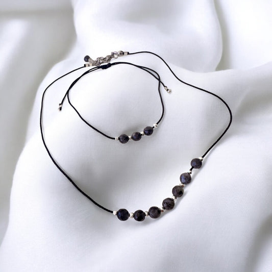 Ensemble collier et bracelet Larvikite sur soie