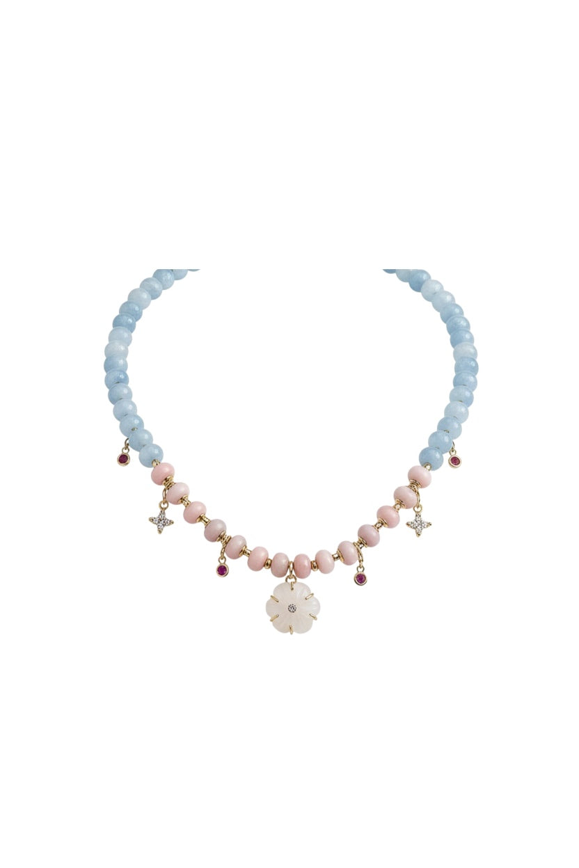 Halsketten Opal, Aquamarin & Rosenquarz + Anhänger