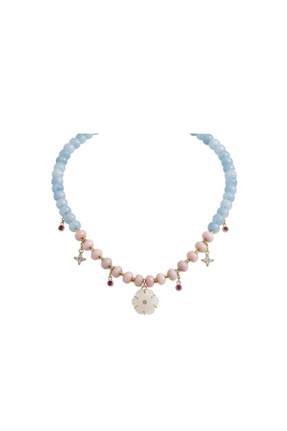Halsketten Opal, Aquamarin & Rosenquarz + Anhänger