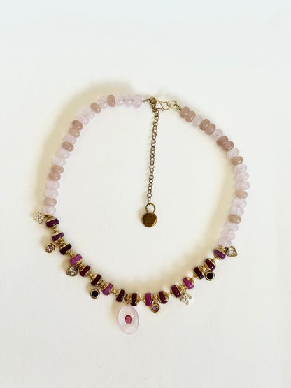 Collier Charms Jade & Quartz rose