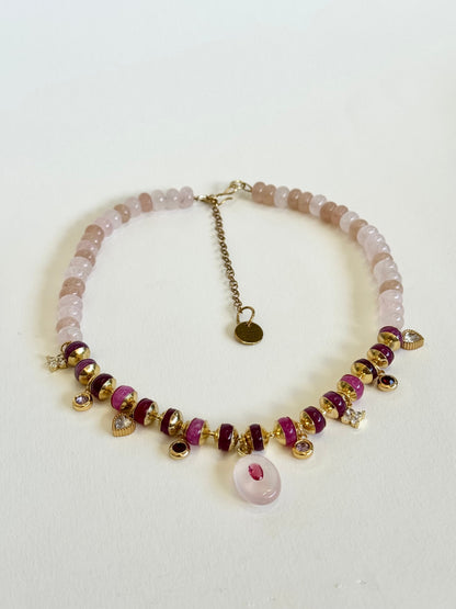 Collier Charms Jade & Quartz rose