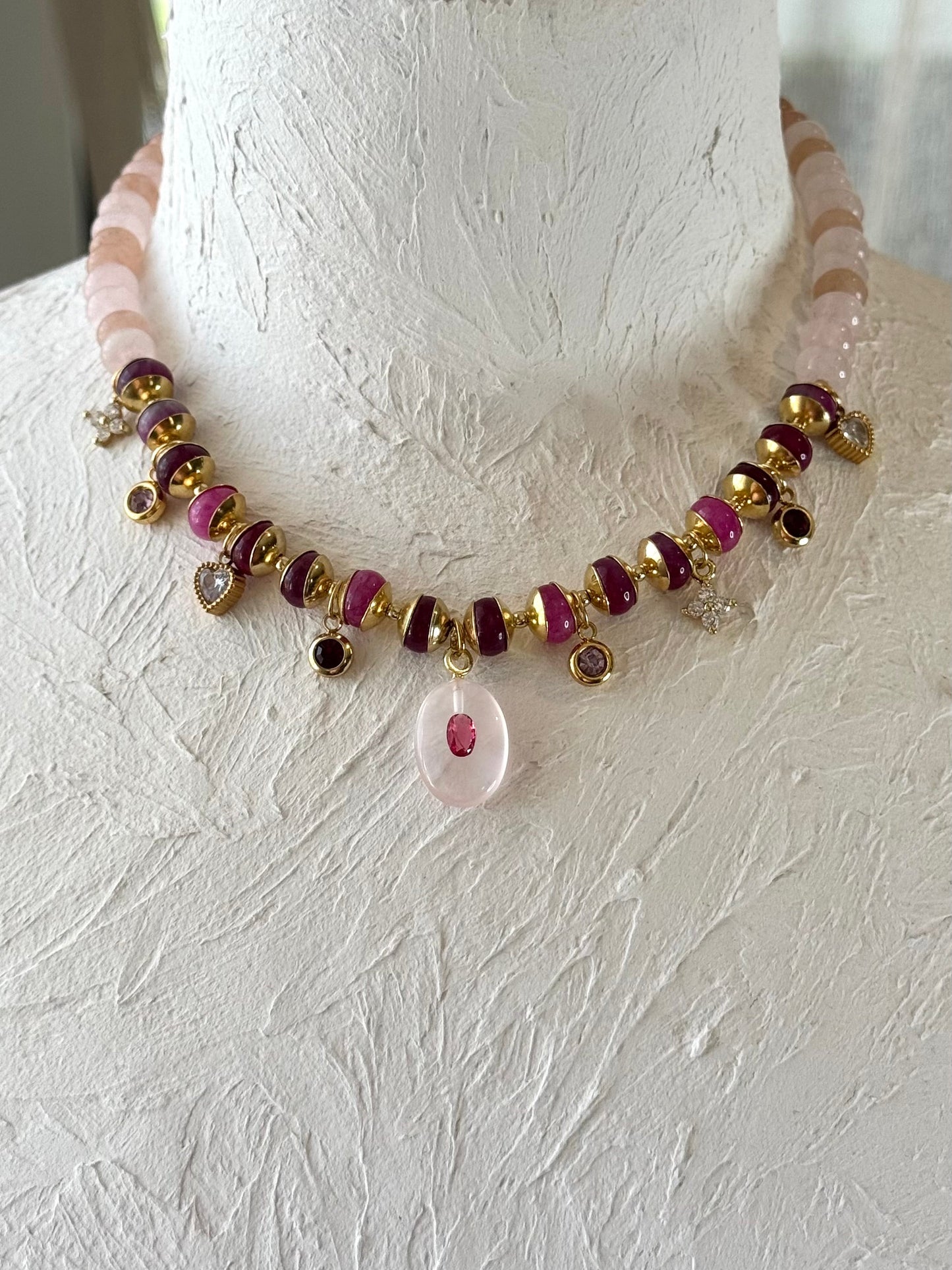 Collier Charms Jade & Quartz rose