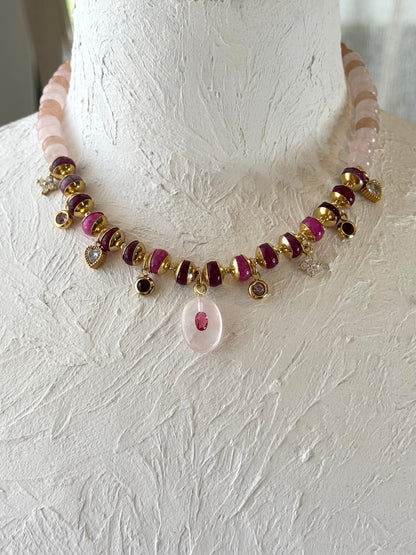 Collier Charms Jade & Quartz rose