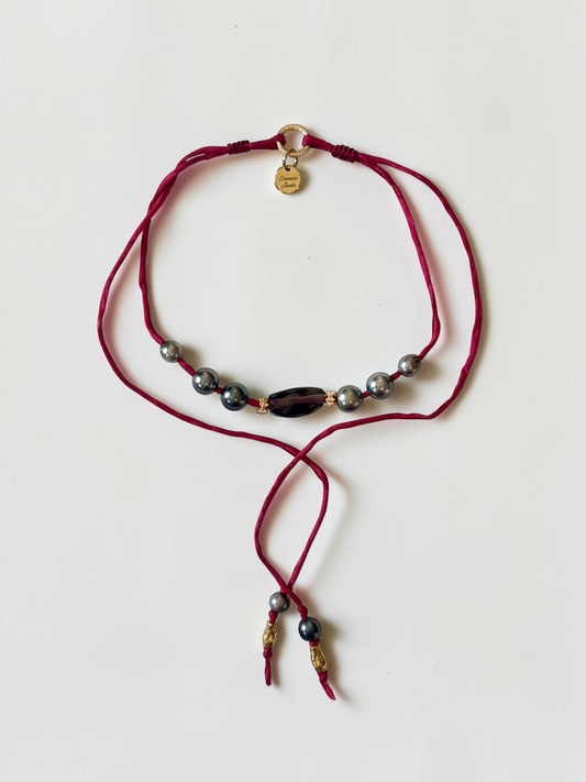 Collier Perles de Tahiti & Quartz fumé sur soie