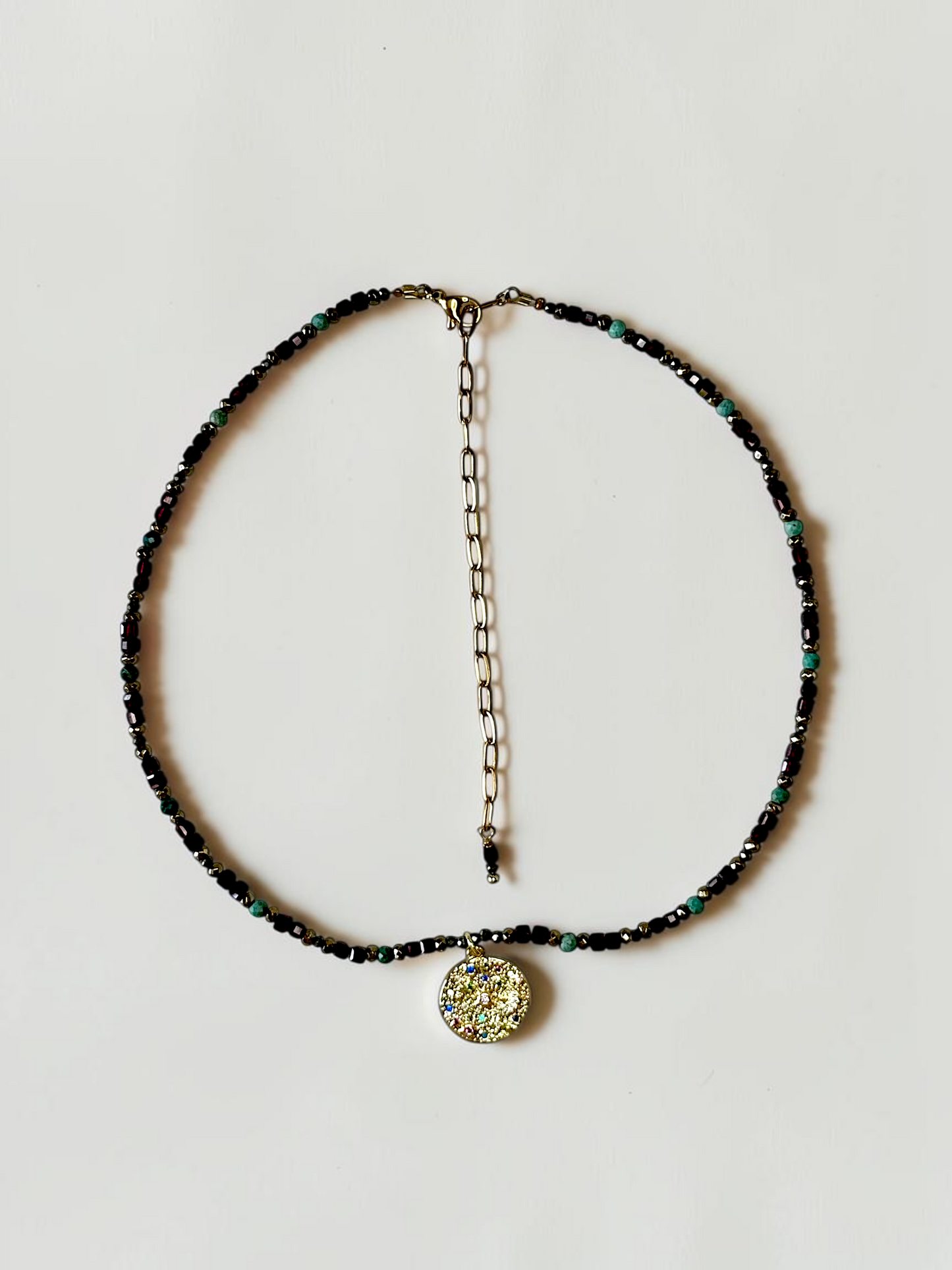 Collier Grenat, Chrysocolle & Pyrite — Le Feu Sacré