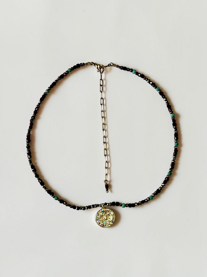 Collier Grenat, Chrysocolle & Pyrite — Le Feu Sacré