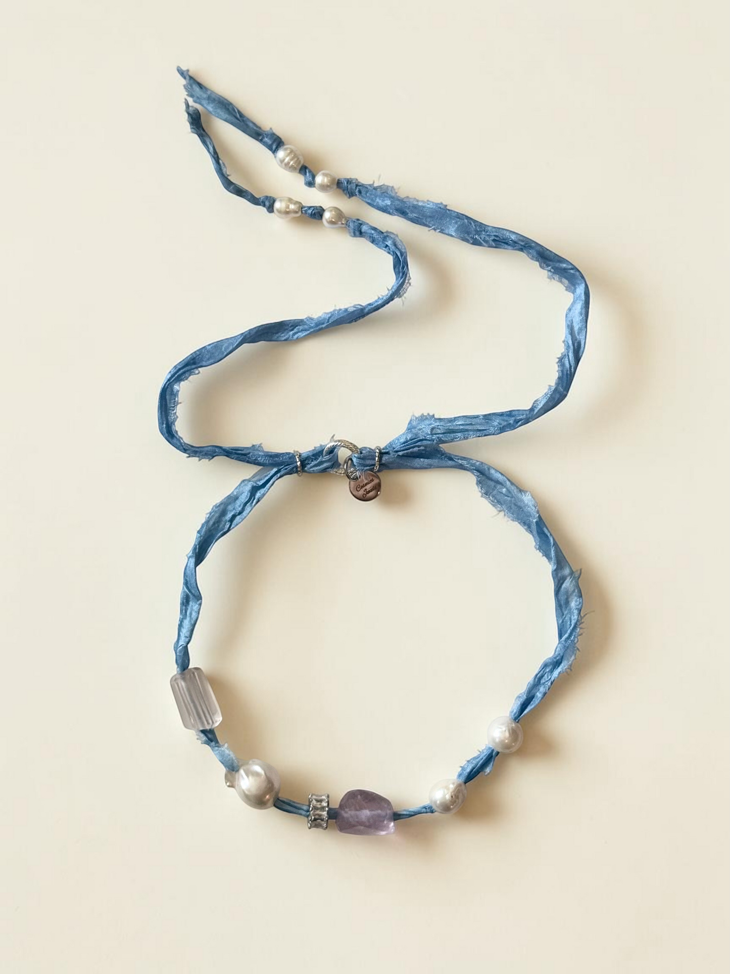 Collier Améthyste, Quartz rose & Perles d’eau douce sur soie