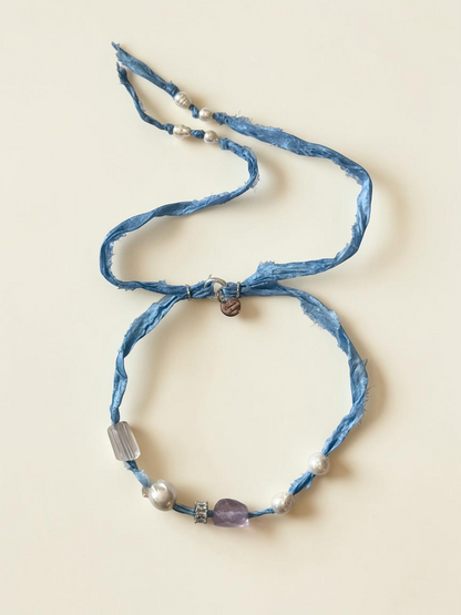 Collier Améthyste, Quartz rose & Perles d’eau douce sur soie