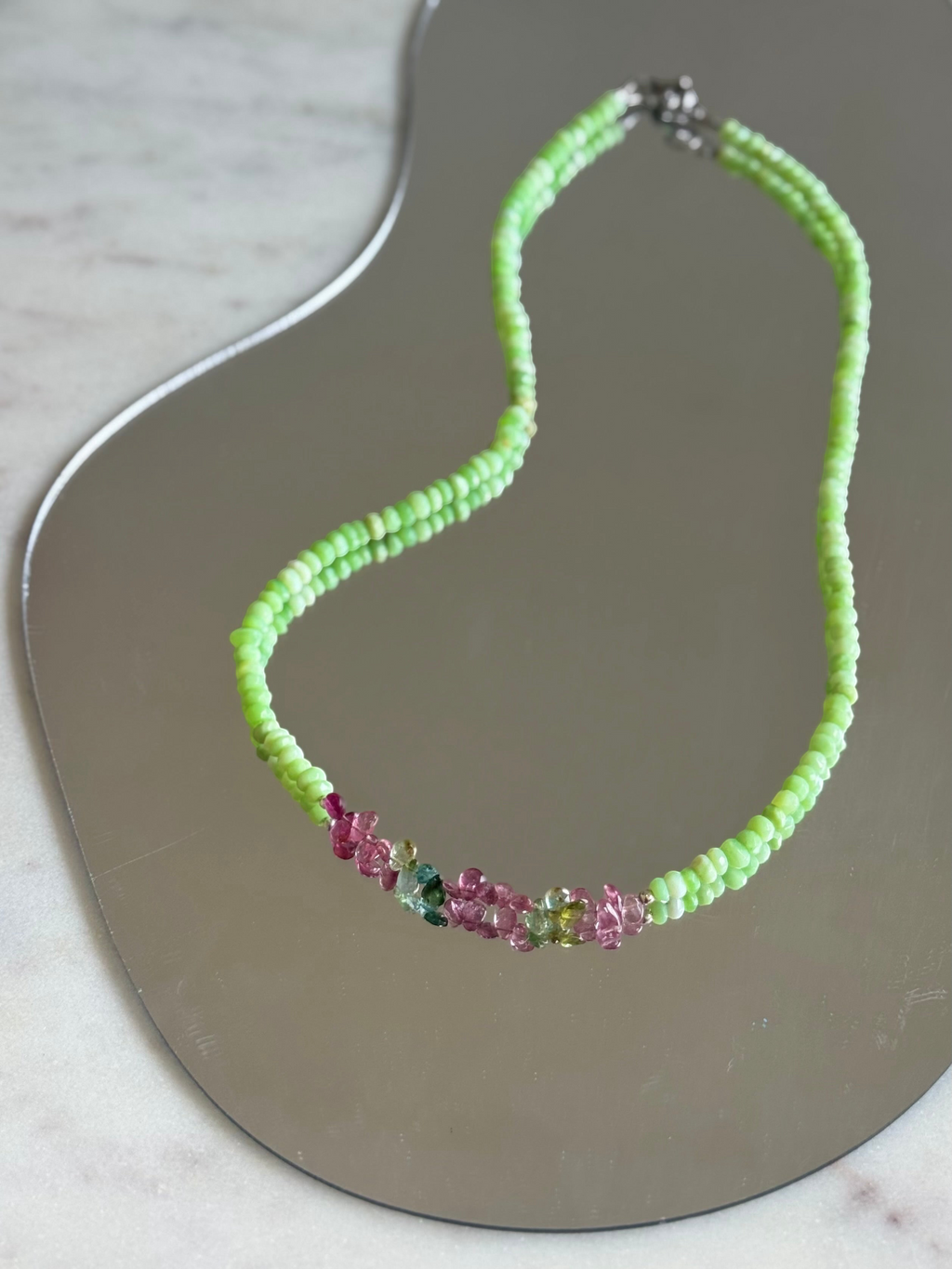 Collana Opale verde del Perù & Tormalina anguria — Il cuore in fiore