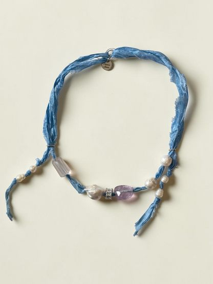 Collier Améthyste, Quartz rose & Perles d’eau douce sur soie