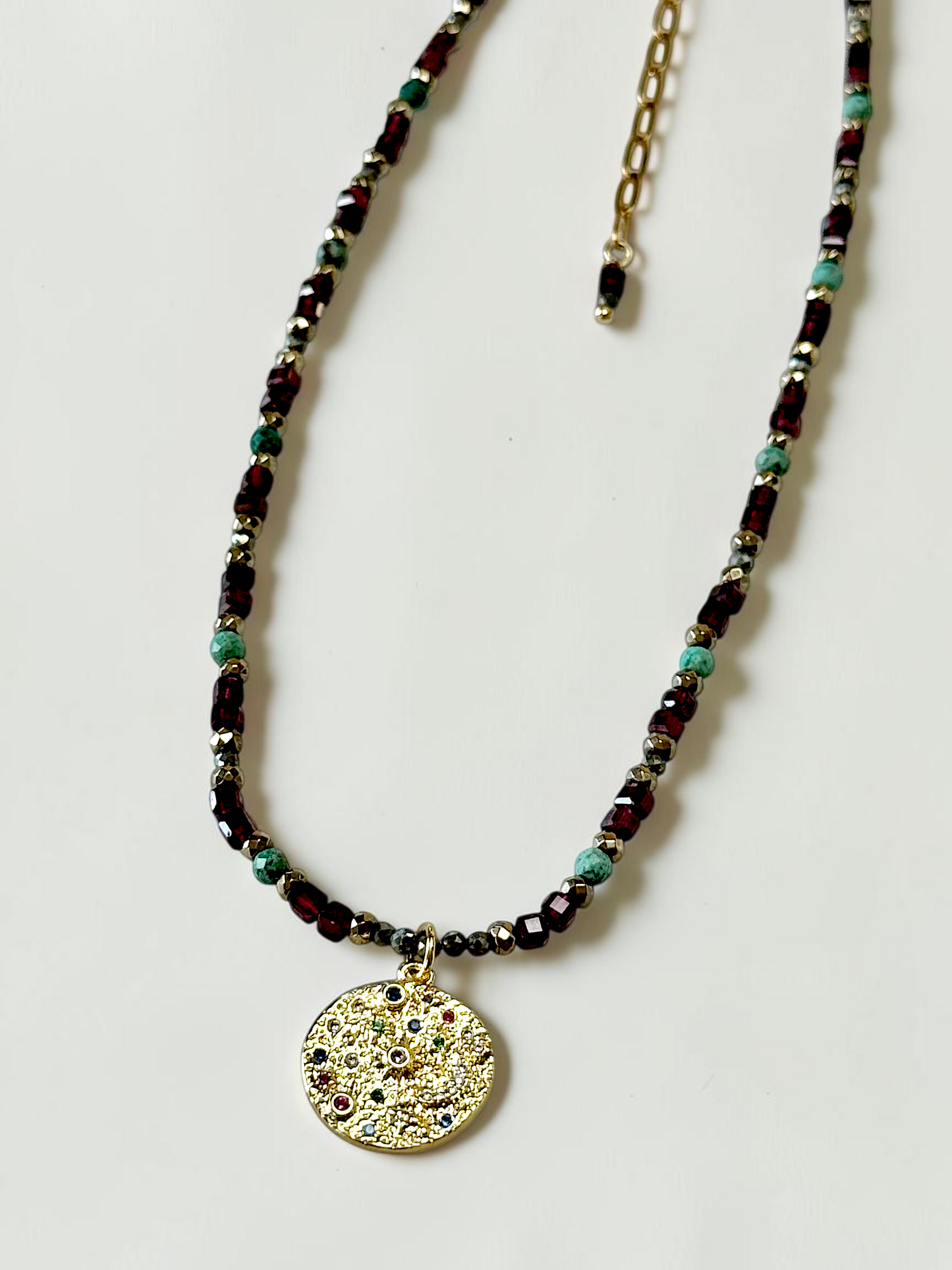 Collier Grenat, Chrysocolle & Pyrite — Le Feu Sacré