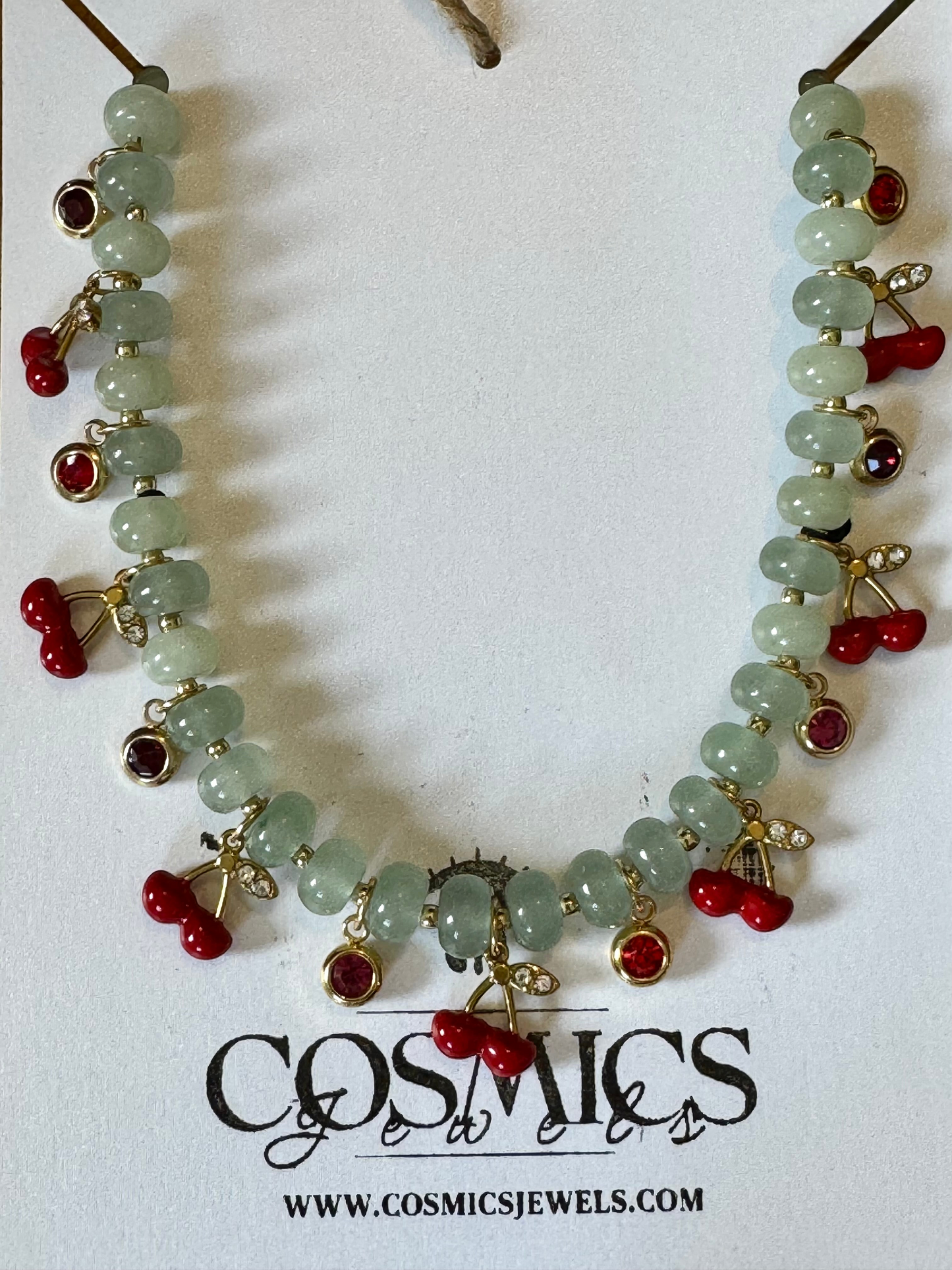 Collier Charms Jade & breloques cerises
