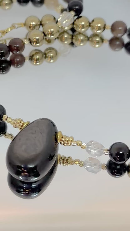 Collier Hyperstène, Agathe, Cristal de roche, Hématite