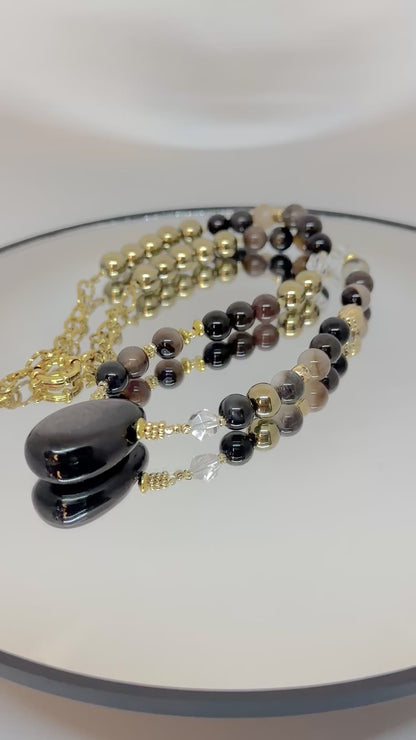 Collier Hyperstène, Agathe, Cristal de roche, Hématite
