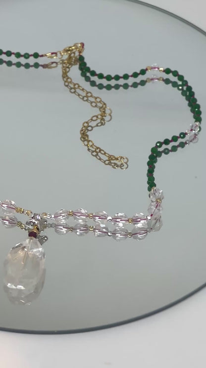 Collier Jade vert, Cristal de roche, Grenat