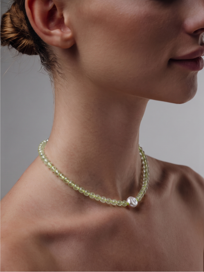 Collier Cristal de roche & Perle sur nylon jaune